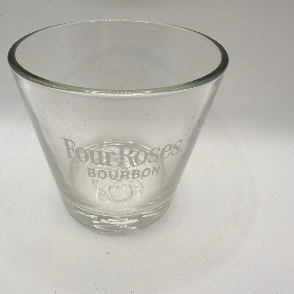 VTG Four Roses Bourbon Rocks Glass Clear Etched Logo Embossed Rose Base Barware